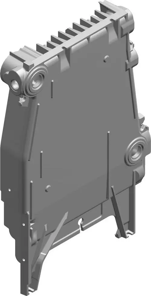 BOSCH Bauteil in grauer Farbe mit Rippenstruktur und Ausschnitten, hängend im Raum dargestellt, vermutlich ein Gehäuse oder eine Abdeckung.